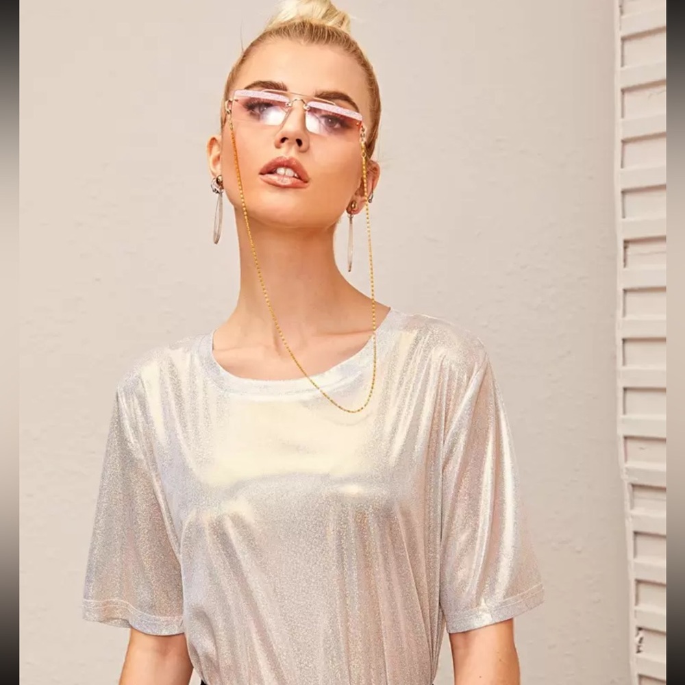 Elegant Cream Semi Sheer Metallic Glitter Short Sleeve Top